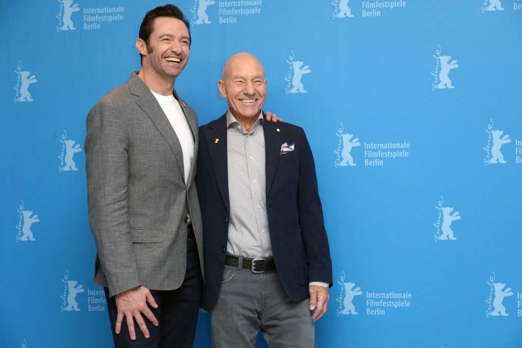 Hugh Jackman and Patrick Stewart at a film event